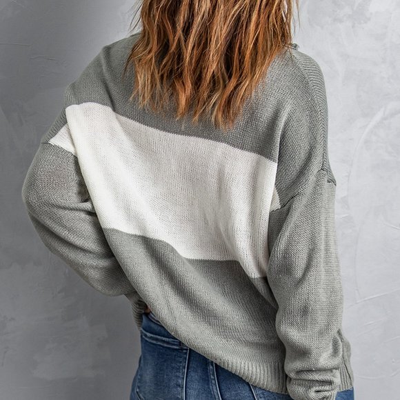 Gray Colorblock Turtleneck Loose Knitted Sweater - Picture 8 of 9